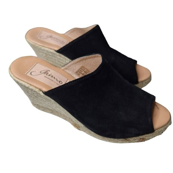 Gaimo Handmade Italy Wedge Heel Sandals Black Suede Peep Toe Boho Slip On EUR 40 - Picture 1 of 7